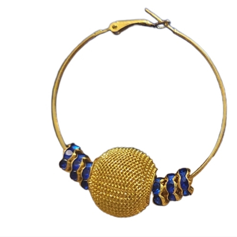 Gold Plated Handcrafted Ball Drop Hoops & Sapphire Imitation Crystal. - Picture 5 of 5